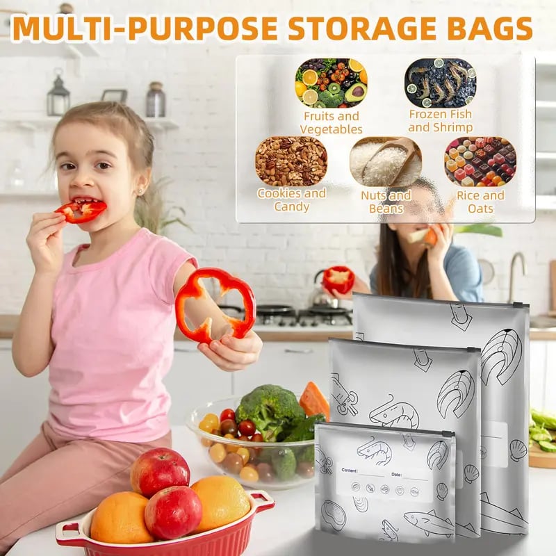 (30pcs )Reusable Aluminum Foil Sealable Storage Bags, 2025 New Resealable Vacuum Zipper Pouches for Food, Stand Up Foil Sealable Bags with Label and Zip Lock for Vegetable Fruit Meat