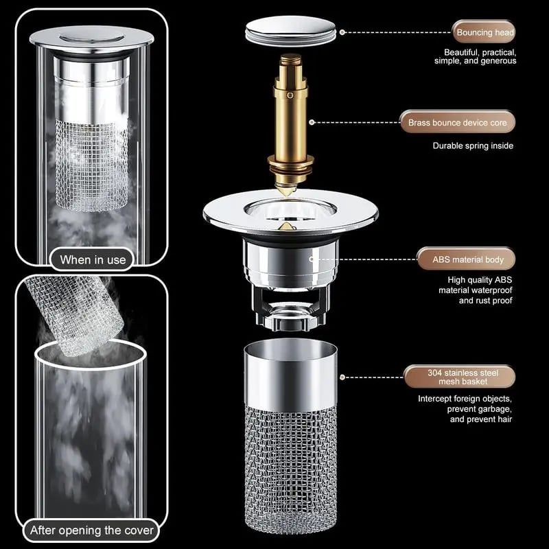 🔥Last save 49% OFF  Bathroom Sink Stopper Hair Catcher, Universal Pop Up Sink Drain Filter with Stainless Steel Filter Basket, Bathroom Sink Drain Strainer